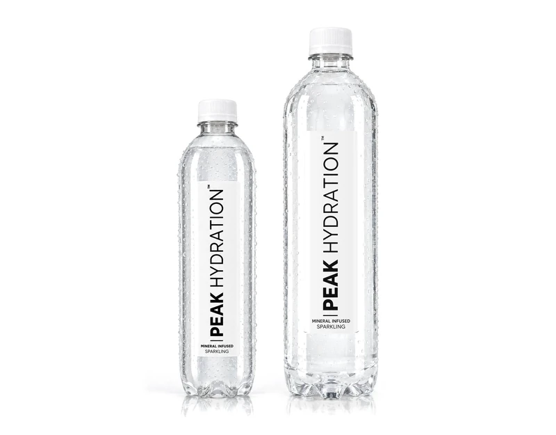 Peak Hydration mineral-infused sparkling water in 500 ml and 1 litre bottles