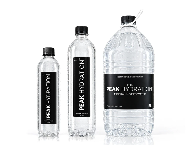 Peak Hydration mineral-infused still water in 500 ml, 1 litre and 5 litre bottles